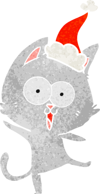 Bir insan tarafından çizilmiş Noel Baba şapkası takan bir kedinin komik el çizimi karikatürü