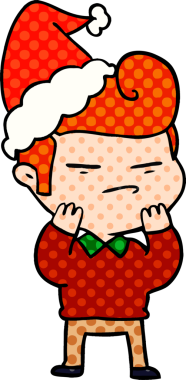 Bir insanın çizdiği Noel Baba şapkası takan havalı bir adamın el çizimi çizgi roman tasviri.