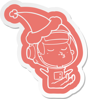 Kendine güvenen bir astronotun insan tarafından çizilmiş Noel Baba şapkası giydiği garip bir karikatür çıkartması.