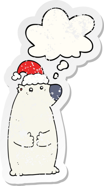 Düşünce baloncuklu Noel şapkası takan çizgi film ayısı insan tarafından çizilmiş yıpranmış bir çıkartma.