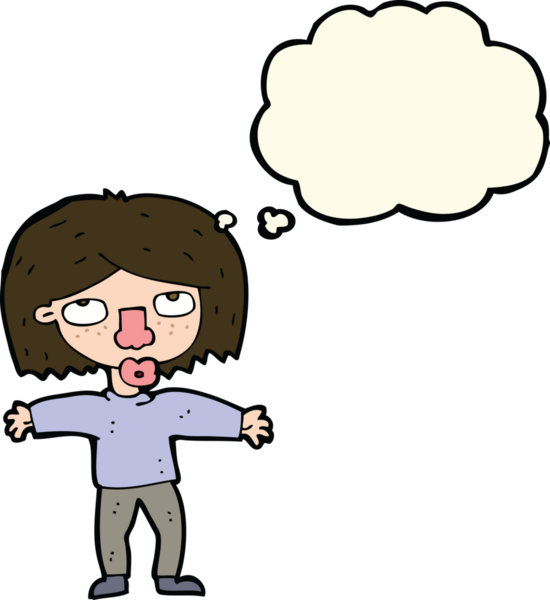 Bir insan tarafından çizilmiş düşünce baloncuğuyla yukarı bakan çizgi film kızı.