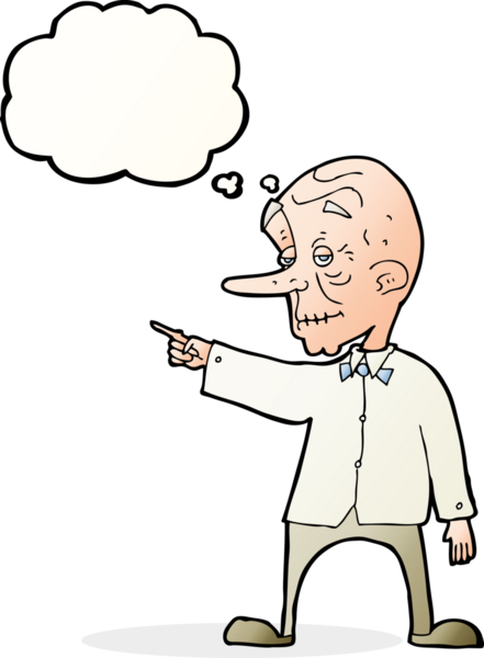 Bir insan tarafından çizilmiş düşünce baloncuğuyla işaret eden yaşlı bir adam.