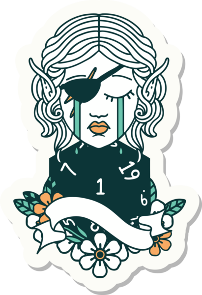 Ağlayan bir elf karakterinin çıkartması. İnsan tarafından çizilmiş doğal bir D20 yuvarlak yüzlü.