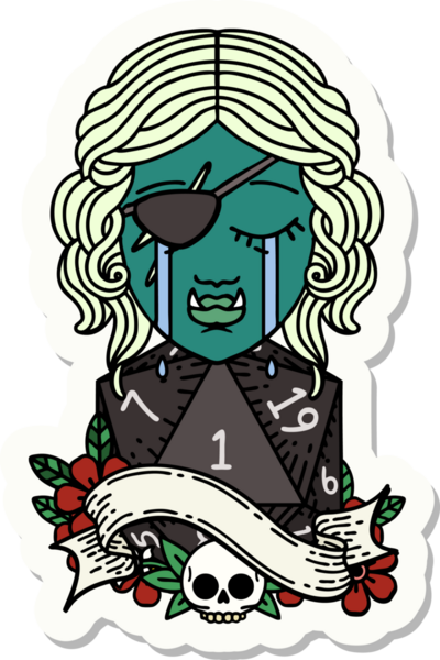 Ağlayan bir Ork karakterinin çıkartması. Doğal bir yüzü var. Bir insan tarafından çizilmiş D20 rulosu.