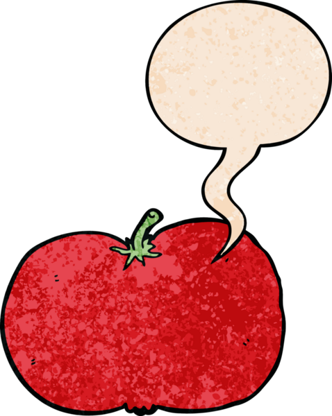 bir insan tarafından çizilmiş eski dokuma tarzında konuşma baloncuklu domates.