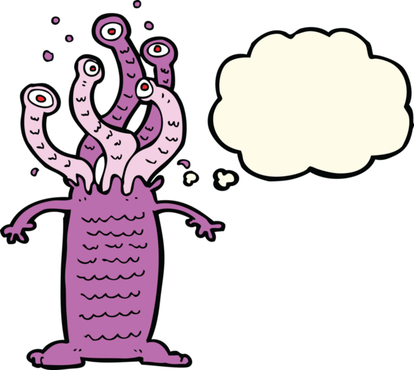 Bir insan tarafından çizilmiş düşünce baloncuklu çizgi film canavarı.