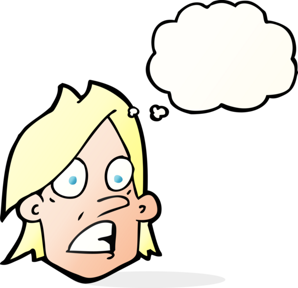 Bir insan tarafından çizilmiş düşünce baloncuklu karikatür korkmuş yüzü.