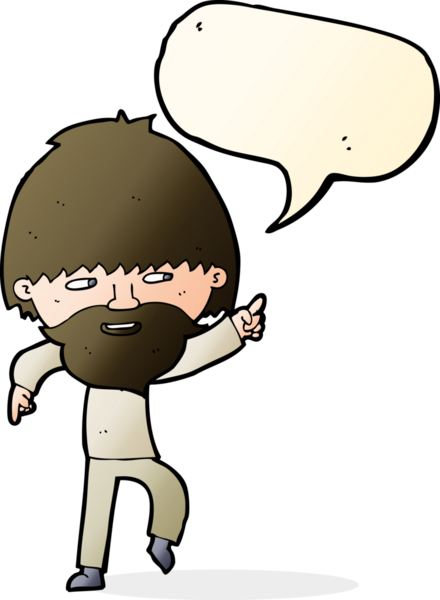 Çizgi film sakallı adam bir insan tarafından çizilmiş konuşma balonuyla işaret ediyor ve gülüyor.