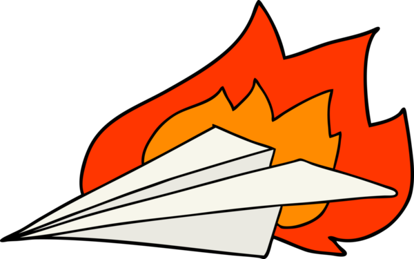 Bir insan tarafından çizilmiş karikatür yanan kağıt uçak.