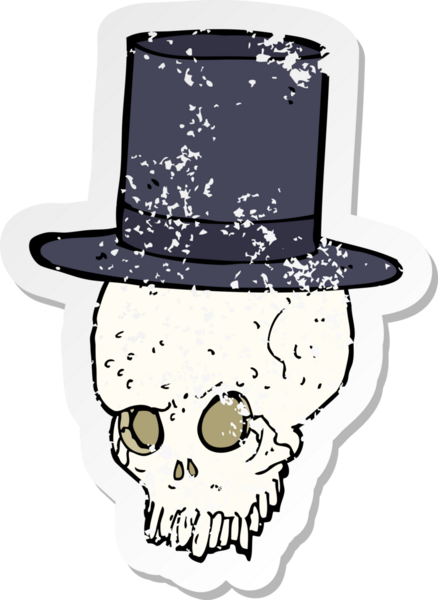 Bir insan tarafından çizilmiş silindir şapkalı bir karikatür kafatasının gerilemiş çıkartması.