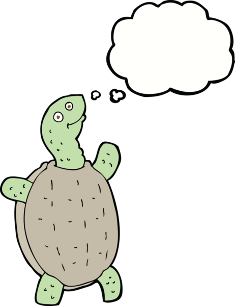 Bir insan tarafından çizilmiş düşünce baloncuklu mutlu kaplumbağa.