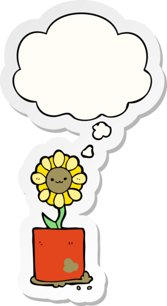 Düşünce baloncuğu olan şirin bir karikatür çiçeği bir insan tarafından çizilmiş çıkartma gibi.