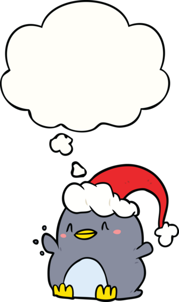 Bir insan tarafından çizilmiş düşünce baloncuklu Noel şapkası takan penguen çizgi filmi.