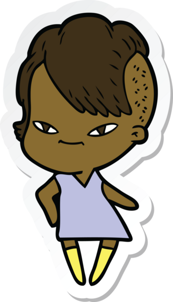 Hipster saç kesimi bir insan tarafından çizilmiş şirin bir çizgi film kızına ait etiket.