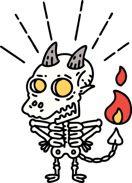 Bir insan tarafından çizilmiş geleneksel dövme stili iskelet iblis karakteri.