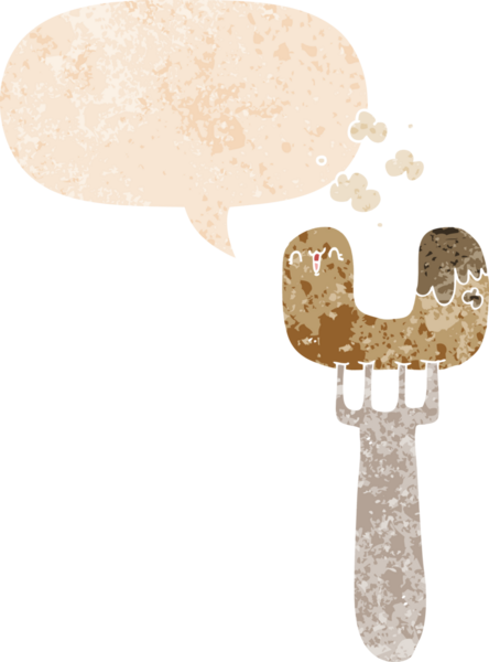 Çizgi film sosisi çatal üzerinde konuşma baloncuğu grunge sıkıntılı retro dokuma tarzı bir insan tarafından çizilmiş