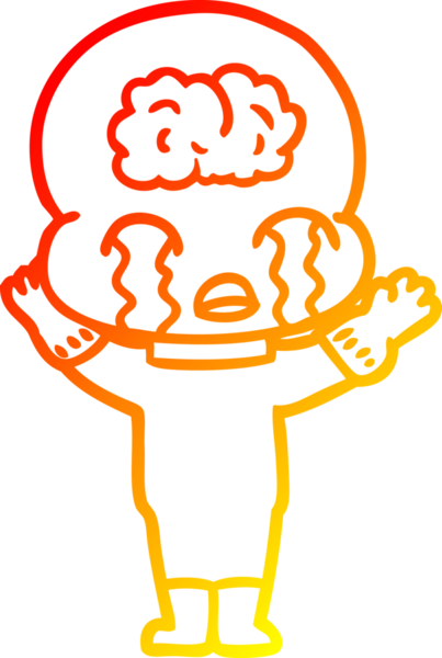 Bir çizgi filmin sıcak çizgi çizimi. Bir insan tarafından çizilmiş ağlayan büyük beyin uzaylısı.