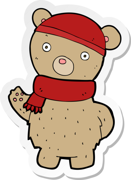 Bir insan tarafından çizilmiş kış şapkalı ve atkılı oyuncak ayının çıkartması.