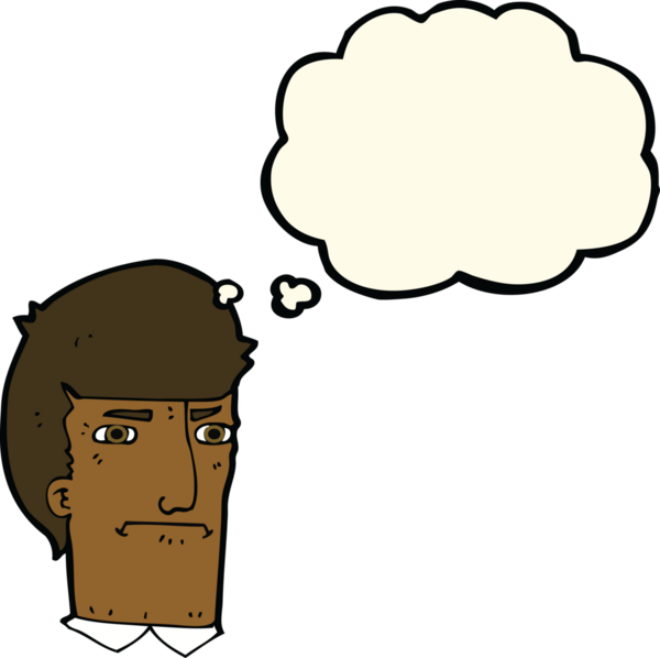 Bir insan tarafından çizilmiş düşünce baloncuğuyla gözlerini kısarak bakan çizgi film adamı.