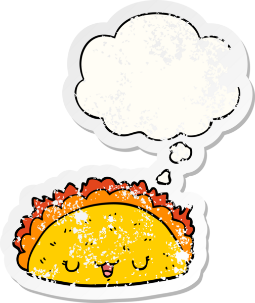 Düşünce baloncuklu çizgi film taco 'su bir insan tarafından çizilmiş yıpranmış bir çıkartma gibi.