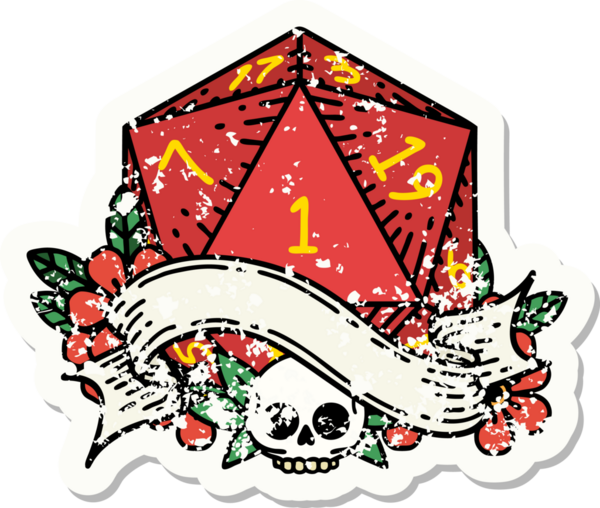 Bir insan tarafından çizilmiş doğal bir d20 zarının grunge çıkartması.