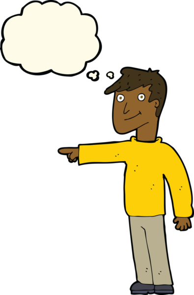 Bir insan tarafından çizilen düşünce baloncuğuyla işaret eden çizgi film adamı.