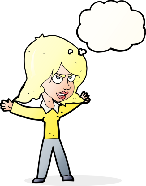 Bir insan tarafından çizilmiş düşünce balonuyla hareket eden karikatür kadın.