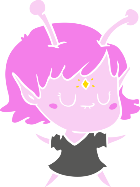 Bir insan tarafından çizilmiş düz renkli uzaylı kız çizgi filmi.