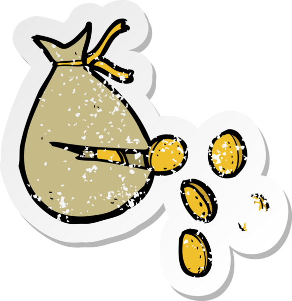 Bir insan tarafından çizilmiş para dolu bir karikatür çantasının geriletilmiş etiketi.