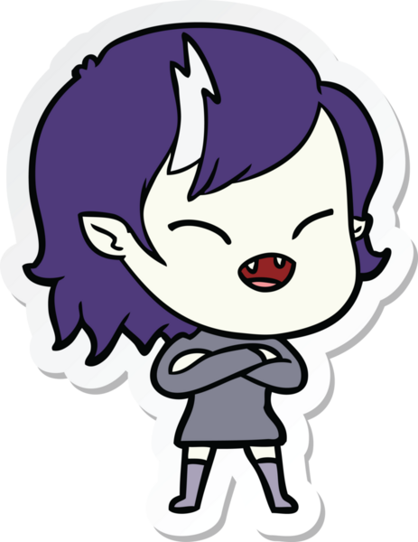 Bir insan tarafından çizilmiş kolları çaprazlanmış, gülen vampir bir kızın çıkartması.