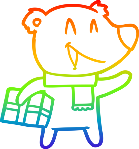 Gülen bir noel ayısının çizdiği gökkuşağı gradyanı bir insan tarafından çizilmiş.