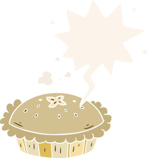 Fırından yeni çıkmış sıcak bir karikatür pastası ve retro tarzı bir insan tarafından çizilmiş konuşma balonu.