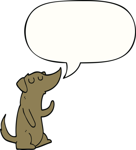 Bir insan tarafından çizilmiş konuşma balonu olan çizgi film köpeği.