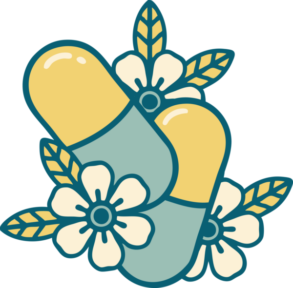 Bir insanın çizdiği hapların ve çiçeklerin ikonik dövme şekli