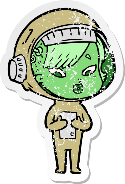 Bir insan tarafından çizilmiş karikatür astronot kadının sıkıntılı çıkartması.