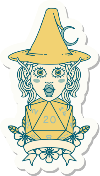 Bir insan tarafından çizilmiş doğal yirmi zarlı elf büyücü karakterinin çıkartması.