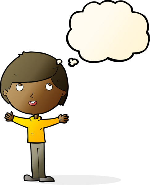 Bir insan tarafından çizilmiş düşünce balonu olan mutlu çocuk çizgi filmi.