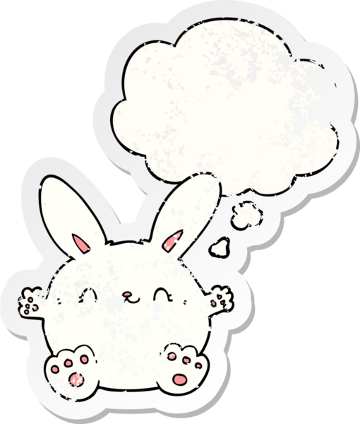 Düşünce baloncuğu olan sevimli çizgi film tavşanı bir insan tarafından çizilmiş yıpranmış bir çıkartma.