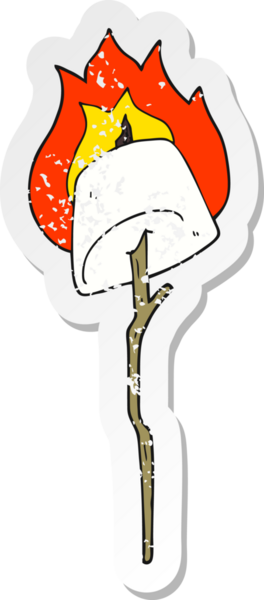 Bir insan tarafından çizilmiş kızarmış marshmallow 'un retro sıkıntılı çıkartması.