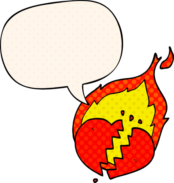 Bir insan tarafından çizilmiş çizgi roman tarzında konuşma baloncuğu olan yanan bir kalp.