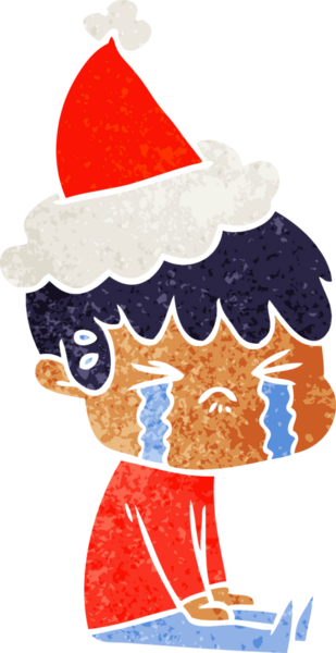 Bir insan tarafından çizilmiş Noel Baba şapkasıyla ağlayan bir çocuğun el çizimi karikatürü.