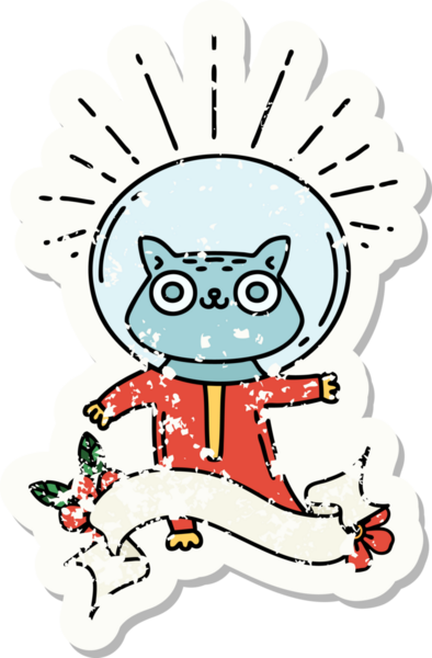 Bir insan tarafından çizilmiş astronot kostümlü dövme stili bir kedinin eski çıkartması.