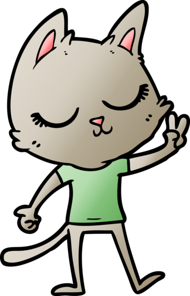 Sakin çizgi film kedisi bir insan tarafından çizilmiş barış işareti veriyor.