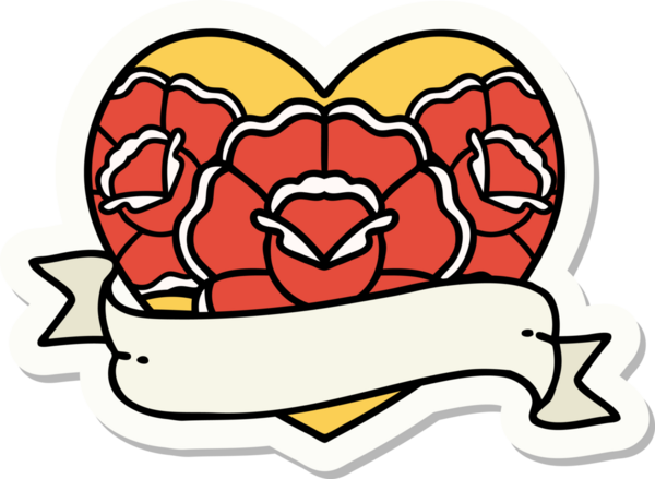 Geleneksel kalp stili dövme çıkartması ve bir insan tarafından çizilmiş çiçekli pankart.