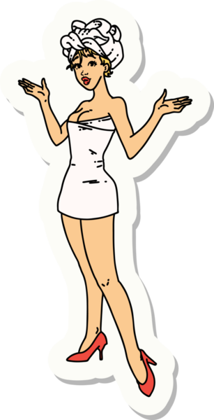 Bir insan tarafından çizilmiş havlulu bir kızın geleneksel stiliyle dövme çıkartması.