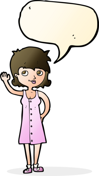 Bir insan tarafından çizilmiş konuşma balonuyla el sallayan güzel bir kadın.