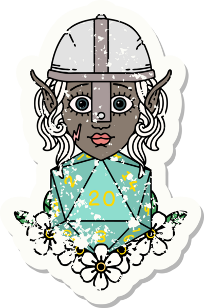 Retro Tattoo stili elf dövüşçüsü. Bir insan tarafından çizilmiş 20 zar ile.