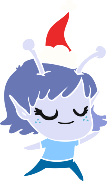 Gülümseyen uzaylı kız el çizimi düz renkli Noel Baba şapkası giyen bir insan tarafından çizilmiş.