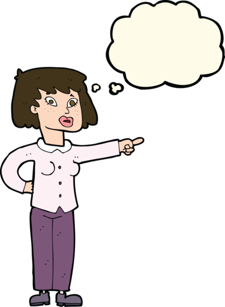 Bir insan tarafından çizilmiş düşünce balonuyla işaret eden çizgi film kadını.