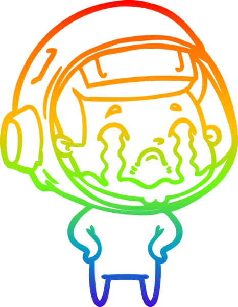 Gökkuşağı gradyan çizgi çizimi bir insan tarafından çizilmiş ağlayan astronot